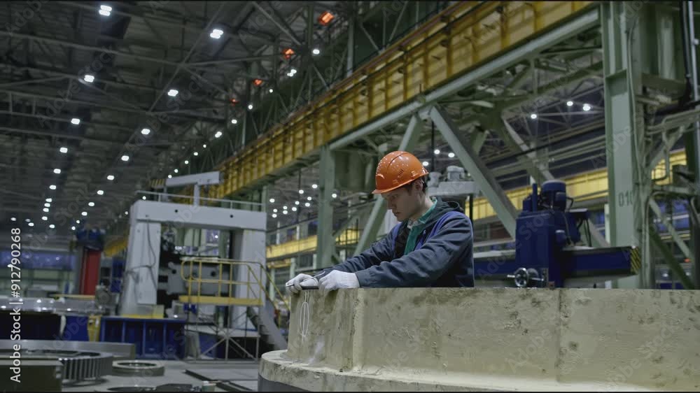Poster worker at factory makes measurements of structure. stock clip. worker in hard hat measures parts of 