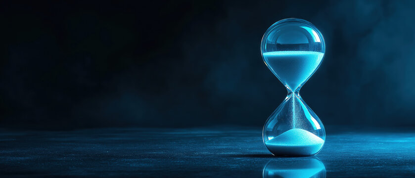 A mesmerizing hourglass filled with sand, glowing in a blue ambiance, symbolizing the passage of time and serenity.