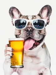 A playful French Bulldog wearing shades holding a beer glass.