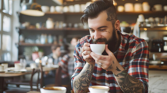 Tattooed hipster guy with beard drinking coffee at trendy urban cafe 