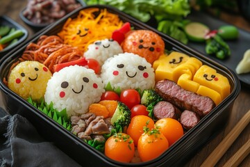 Colorful bento box with adorable rice ball characters, fresh vegetables, sausage and some beef