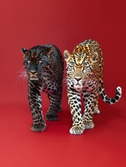 Naklejka premium Black panther and jaguar on red background walking together