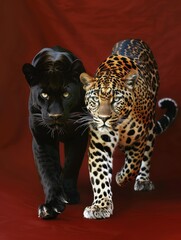 Stunning black panther walking with leopard on red backdrop