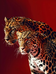 Obraz premium Leopard and black panther together against deep red backdrop