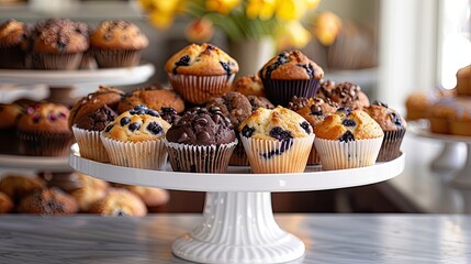 A classic bakery scene with a selection of assorted muffins, including blueberry and chocolate chip, displayed on a white cake stand