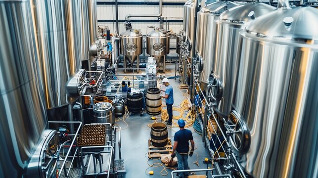 brewery with fermentation tanks, bottling lines