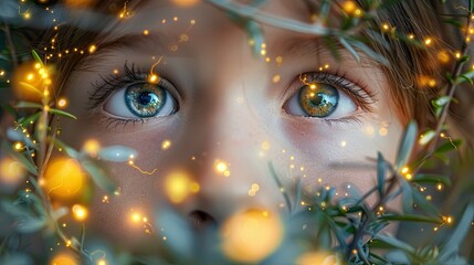 A whimsical scene of a childâ€™s eyes wide with amazement while discovering a magical, twinkling fairy garden, isolated on a soft, white background