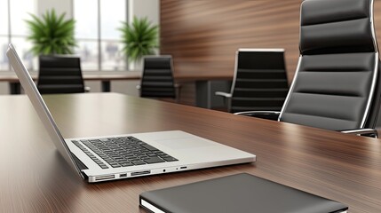 Fototapeta premium A sleek laptop and notebook sit on a polished conference table in a contemporary office, ready for an important business meeting with panoramic city views