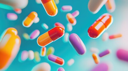 Close-up of colorful pills floating in mid-air