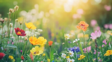 Naklejka premium Colorful wildflowers bloom in a sunny green meadow during a bright spring morning with soft bokeh.