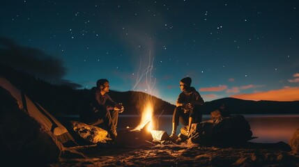 couple of experienced hikers sharing stories around a campfire under the stars