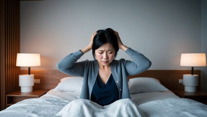 Japanese woman holding her upper head experiencing migraine, modern minimalist bedroom background
