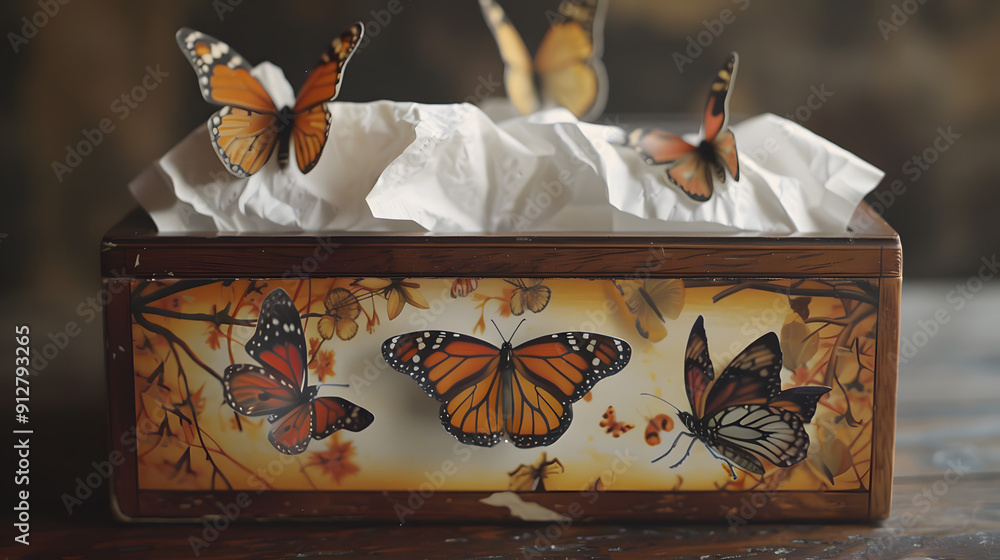 Poster tissue box with butterflies instead of tissues.