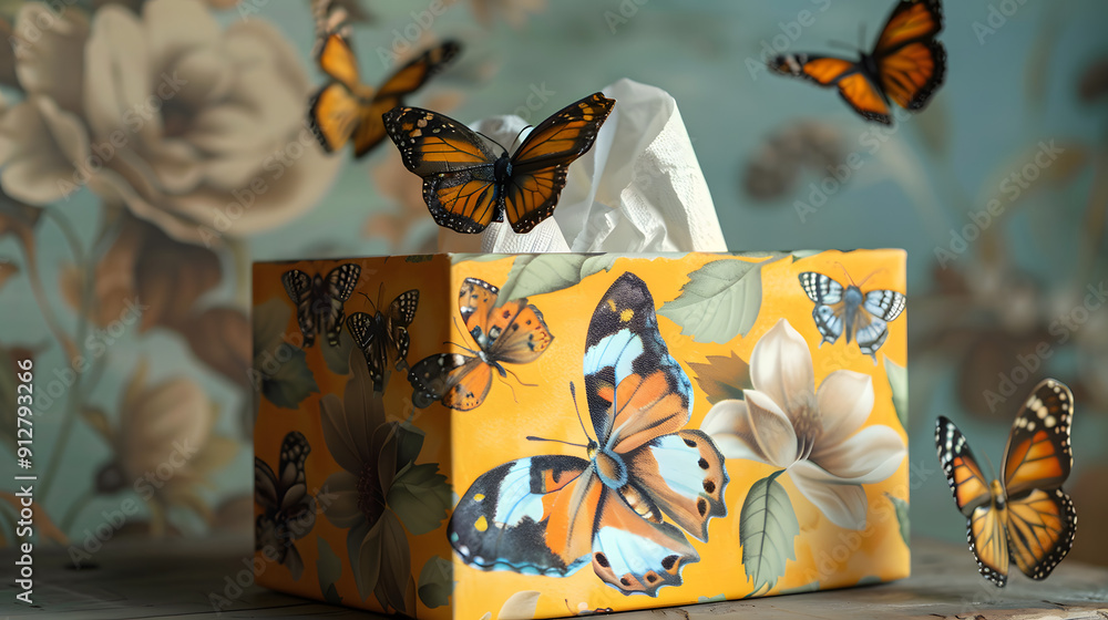 Poster tissue box with butterflies instead of tissues.