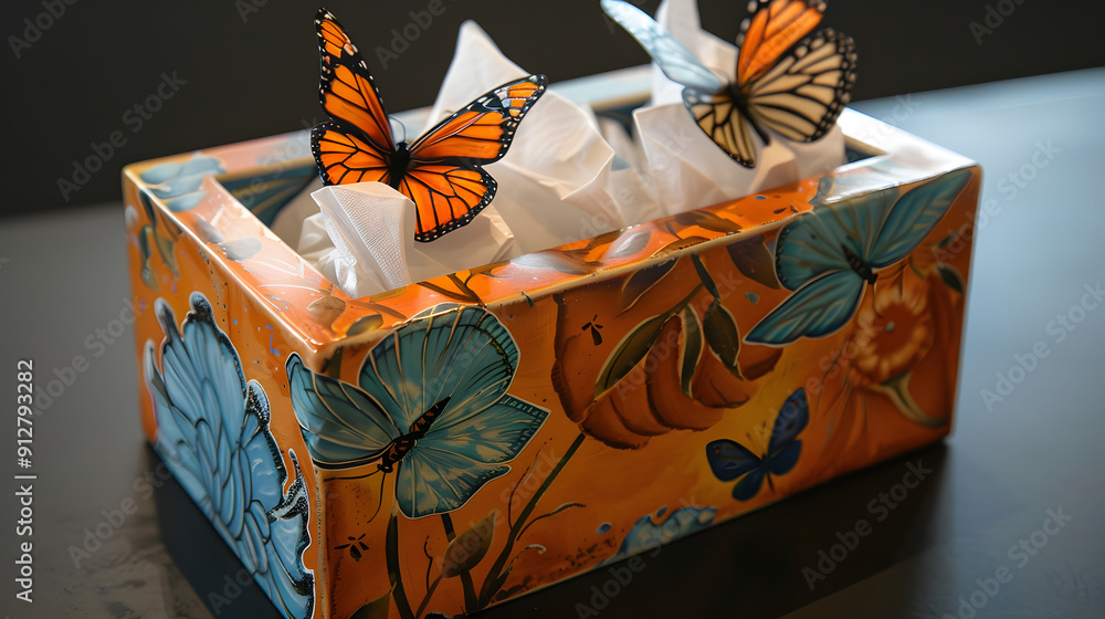 Poster tissue box with butterflies instead of tissues.