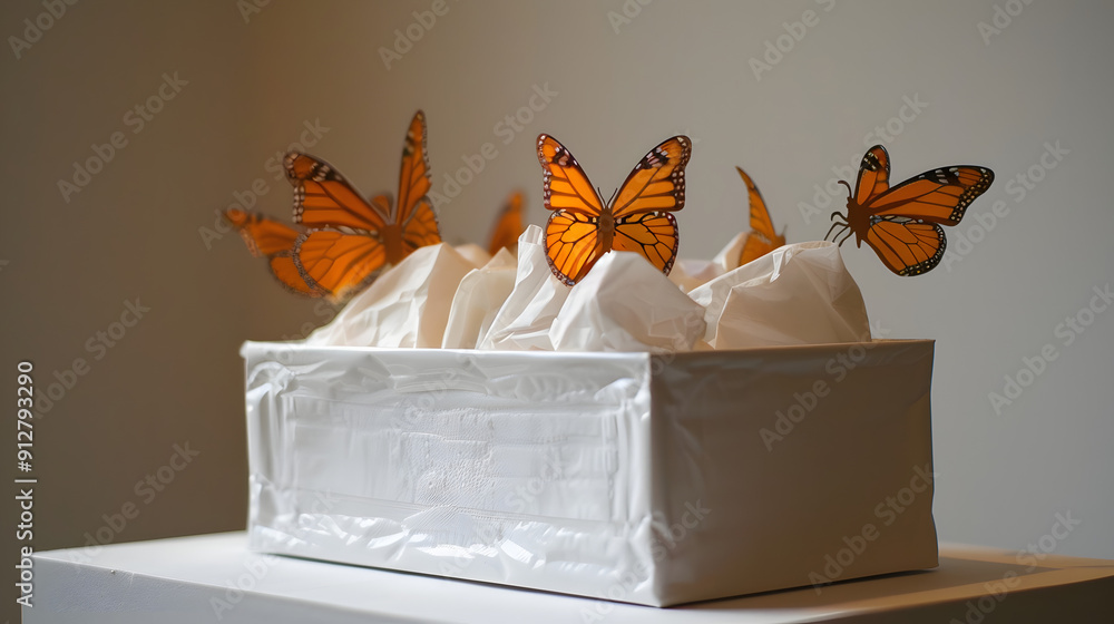 Poster tissue box with butterflies instead of tissues.