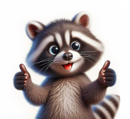 A funny little raccoon, full of happiness, gives a thumbs up. Good luck!