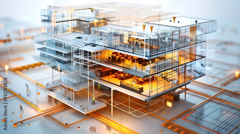 Poster modern building architectural model with transparent layers.