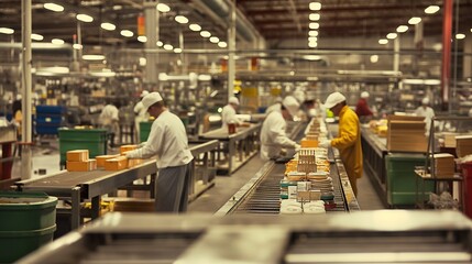 food processing plant with conveyor belts, machines, and workers packaging