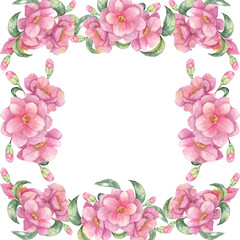 Pink camellia watercolor clipart displaying individual blooms and leaves in a square frame. This versatile design can be used for DIY crafts, print-on-demand products, and custom stationery