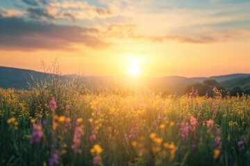 Vibrant Sunset Over a Wildflower Field