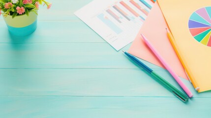 Business meeting with colorful charts and graphs, right-aligned, pastel background, high resolution