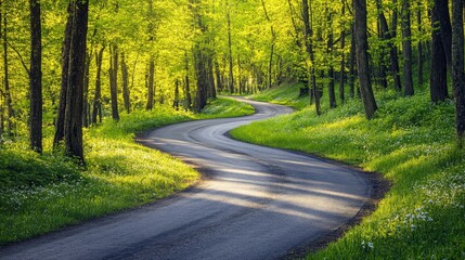 Obraz premium Winding paved road through lush green forest with white wildflowers.