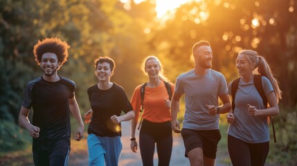 group of friends participating in a charity walk or run, combining physical activity with a sense of camaraderie and giving back to the community