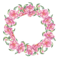 Pink camellia watercolor clipart with a circular arrangement of flowers and leaves forming a wreath. Round frame for labels, cosmetics, scrapbooking, seasonal decor, and custom gifts