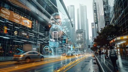 Obraz premium Futuristic Cityscape with Holographic Projection.