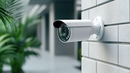 A security camera is installed in a vibrant garden near a home, providing surveillance and safety in a sunny outdoor setting