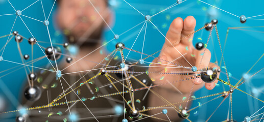 abstract lines with dots over dark background.