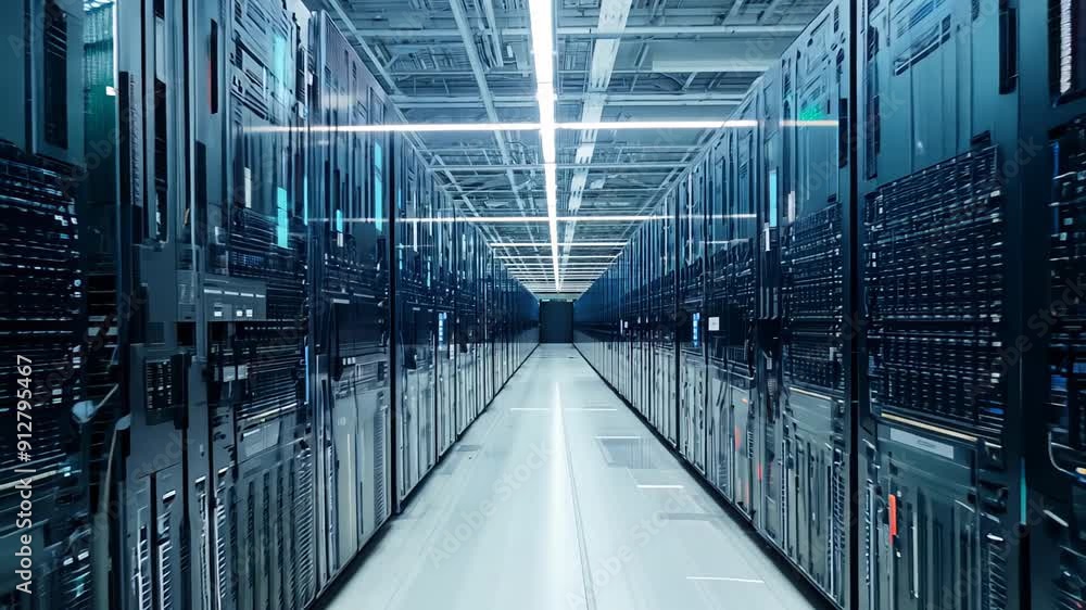 Aufkleber modern data center with rows of server racks illuminated by cold light. concept: information securit