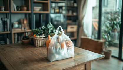 very small plastic bag on the table in the living room. The table is made of wood. Grocery are in the bag. The bag is white and has two handle . Some stylish ornaments made of wood