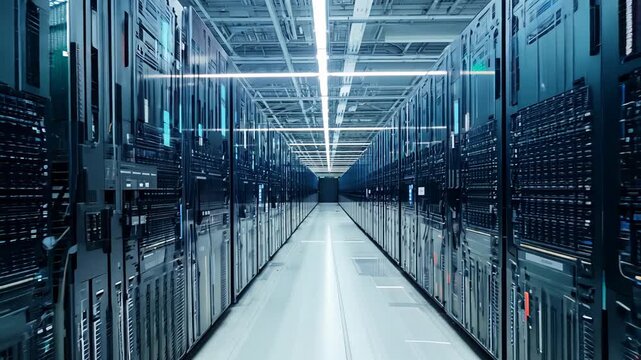 Modern data center with rows of server racks illuminated by cold light.
Concept: information security, IT infrastructure.