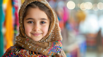 Fototapeta premium Young girl with a colorful scarf smiling warmly at the camera, standing in a vibrant market setting.