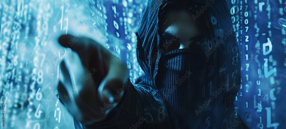 Poster a hooded figure with a mask points towards the viewer, surrounded by a swirling blue background of n