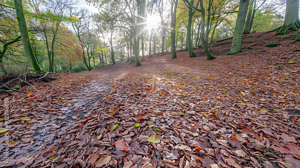 Poster vibrant autumn forest path. fallen leaves create carpet of reds and golds. sunlight filters through 
