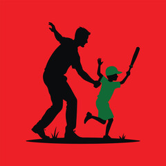 A vibrant illustration featuring a silhouette of a man and child playing cricket, with the child holding a bat and the man guiding. Set against a red background, this image is perfect for family bondi