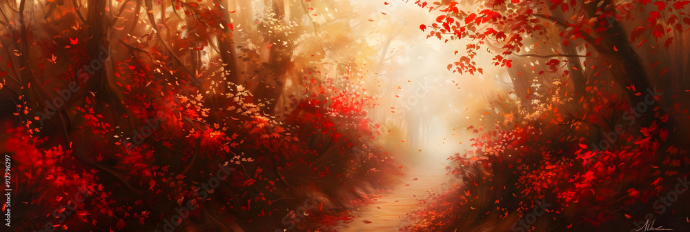 Poster vibrant autumn forest path. fallen leaves create carpet of reds and golds. sunlight filters through 