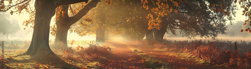 Poster vibrant autumn forest path. fallen leaves create carpet of reds and golds. sunlight filters through 