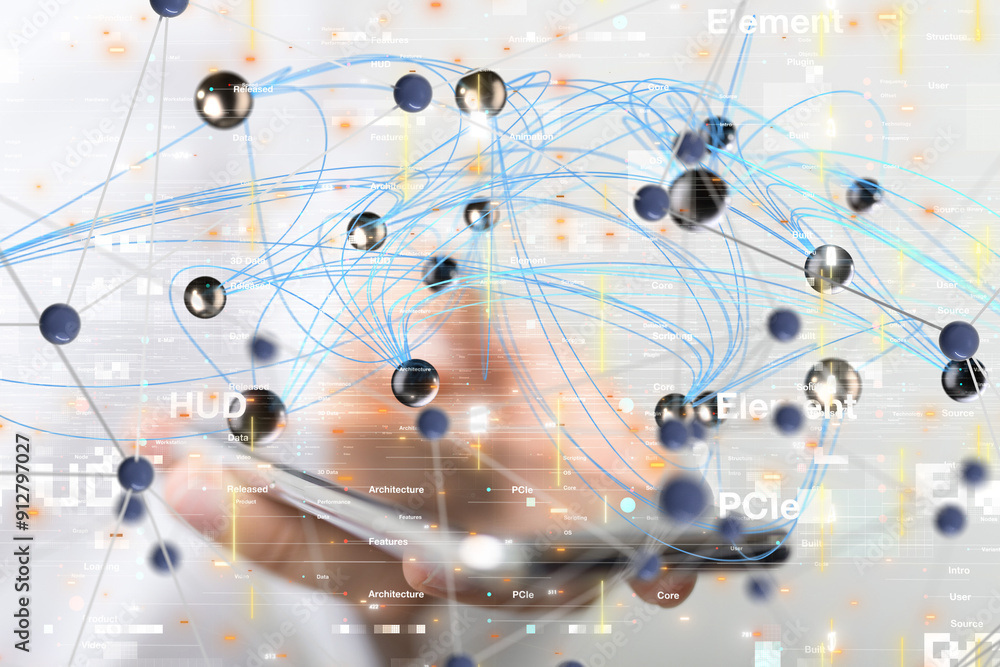 Poster Global network. Blockchain. 3D illustration. Neural networks and artificial intelligence. Abstract