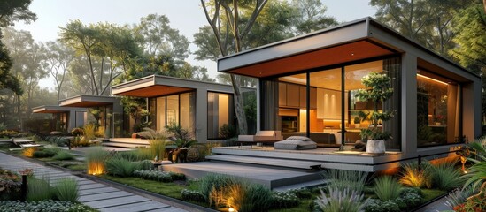 Obraz premium A row of modern beautiful homes with large windows surrounded by greenery