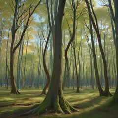 Lush green forest with many trees. The trees are tall and green