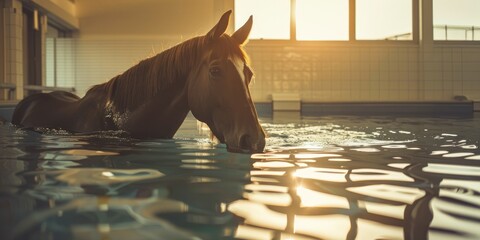 A horse participates in a supervised hydrotherapy pool session as part of its rehabilitation program