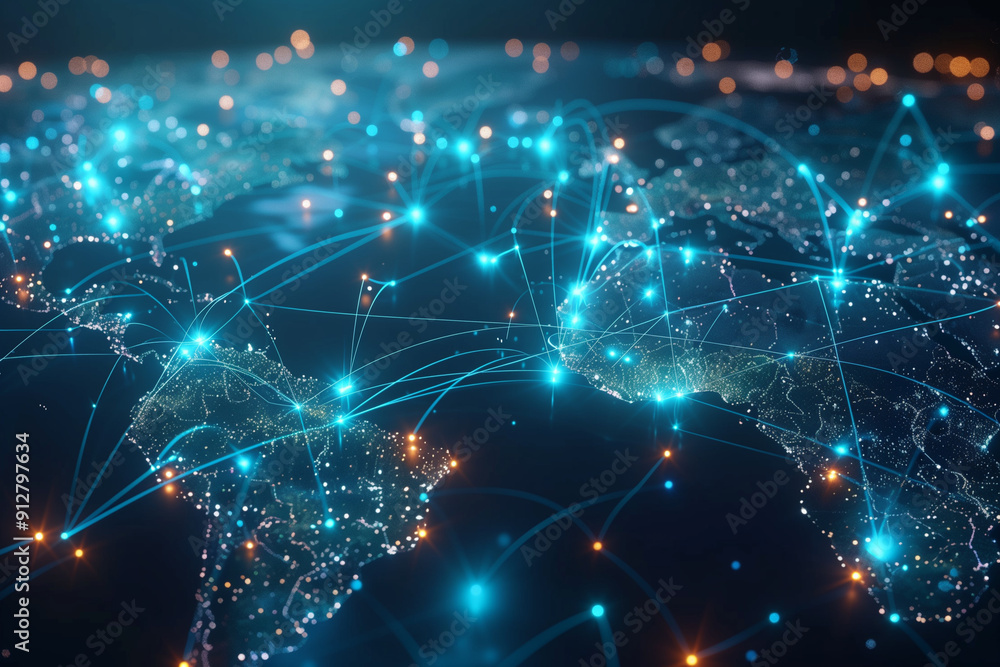 Poster a global network visualization featuring a digital map with glowing connections