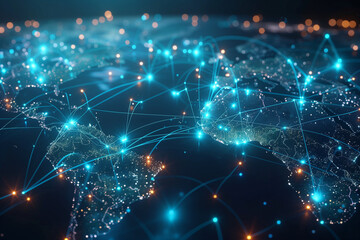 Fototapeta premium A Global Network Visualization Featuring a Digital Map with Glowing Connections