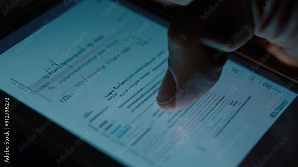 Aufkleber a person's hand touches a tablet screen displaying analytical data and graphs. concept: data analysi