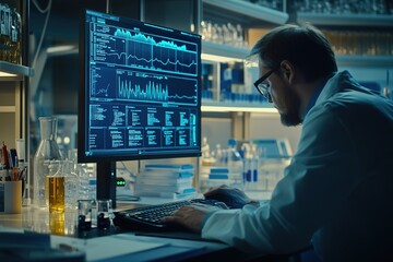 Medical researcher analyzing data on a computer with digital health graphs