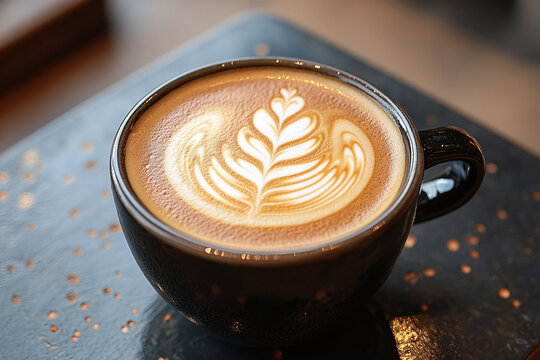 A flat white with smooth microfoam, served in a ceramic cup.